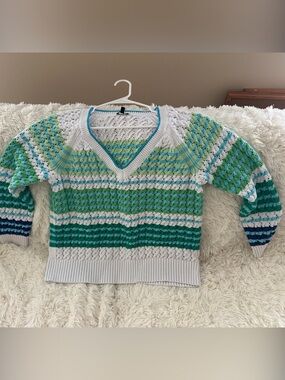 Talbots Green, Blue and White Striped V-Neck Sweater